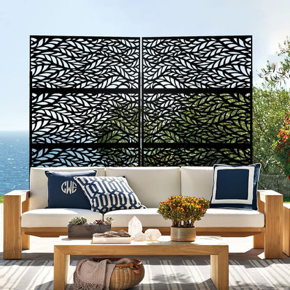 Metal Privacy Screen Outdoor 72" H×47" W,Freestanding Decorative Privacy Screen for Balcony Yard&Garden,Privacy Fence-Black&Leaves