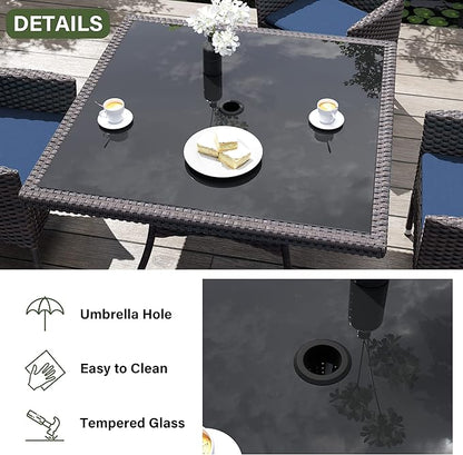 Kurapika 10-Piece Patio Furniture Outdoor Dining Set, Wicker Rattan Patio Dining Table and Chairs Set, Square Tempered Glass Tabletop with Umbrella Hole and 8 Chair Set, for Patio, Backyard, Navy Blue