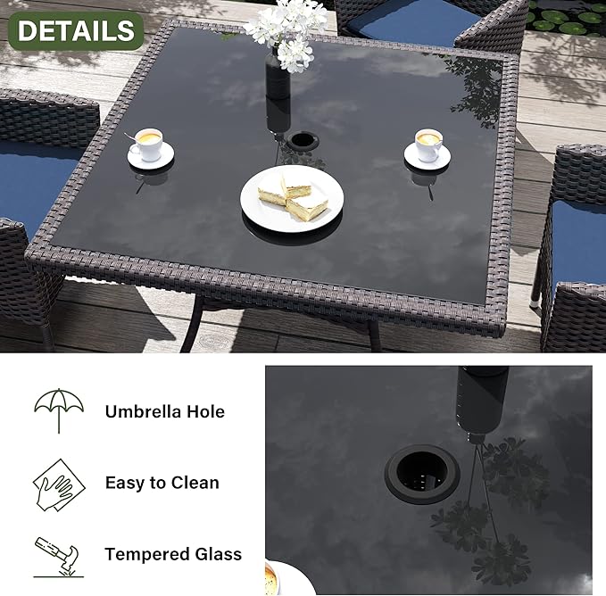 Kurapika 5-Piece Patio Furniture Outdoor Dining Set, Wicker Rattan Patio Dining Table and Chairs Set, Square Tempered Glass Tabletop with 4 Chair Set, Navy Blue