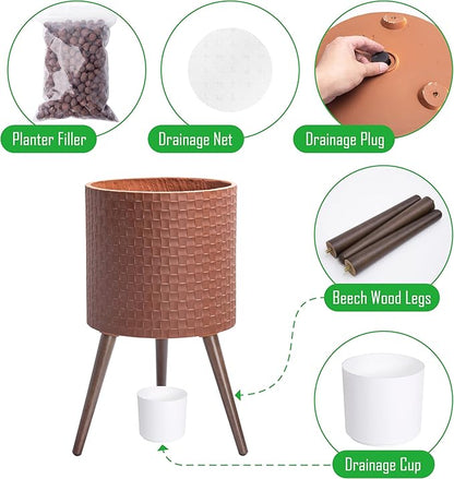 D'vine Dev 14 Inch Modern Geometric Tile Patterned Sleek Planter Pot with Stand, Indoor Outdoor Decorative Plant Holder, Terra Cotta, 88-Z-D-3