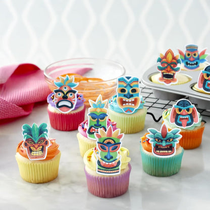 Ephlyn 54Pcs Edible Tiki Tribal Masks Cupcake Toppers Wafer Paper Hawaiian Tropical Tiki Totem Cupcake Picks Summer Aloha Birthday Cupcake Decorations Party Supplies Multicolor