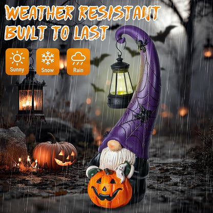 Halloween Decorations Garden Gnomes Statue Holding Pumpkins Decor Funny Gnome Figurines with Solar Light Halloween Party Decorations for Garden Porch Yard Lawn