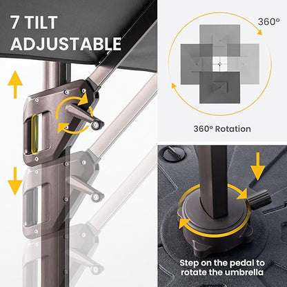 10 X 13 FT Cantilever Patio Umbrella with Base Included Outdoor Heavy Duty Double Top Windproof Rectangle Offset Umbrellas with 360-degree Rotation for Pool Deck Backyard, Grey