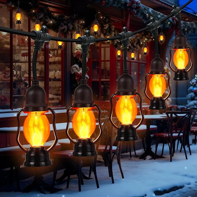 Christmas Flame String Lights , 21FT Indoor Outdoor String Lights with 10 Flickering Flame Bulb, Timer, Waterproof LED Outdoor Decorative Orange Lights for Patio, Yard, Bistro, Porch, Garden Decor