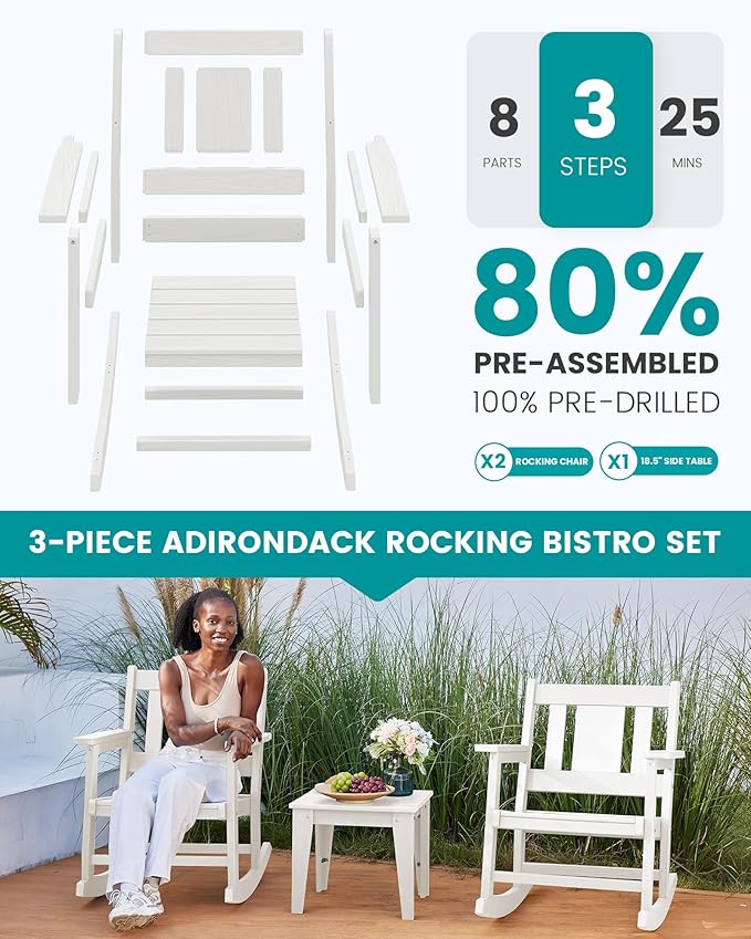 SERWALL Outdoor Rocking Bistro Set, HDPE Patio Furniture Set, Porch Rocking Chair Set with Table for Backyard, Balcony, and Garden- White