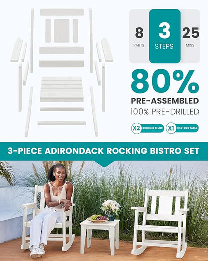 SERWALL Outdoor Rocking Bistro Set, HDPE Patio Furniture Set, Porch Rocking Chair Set with Table for Backyard, Balcony, and Garden- White