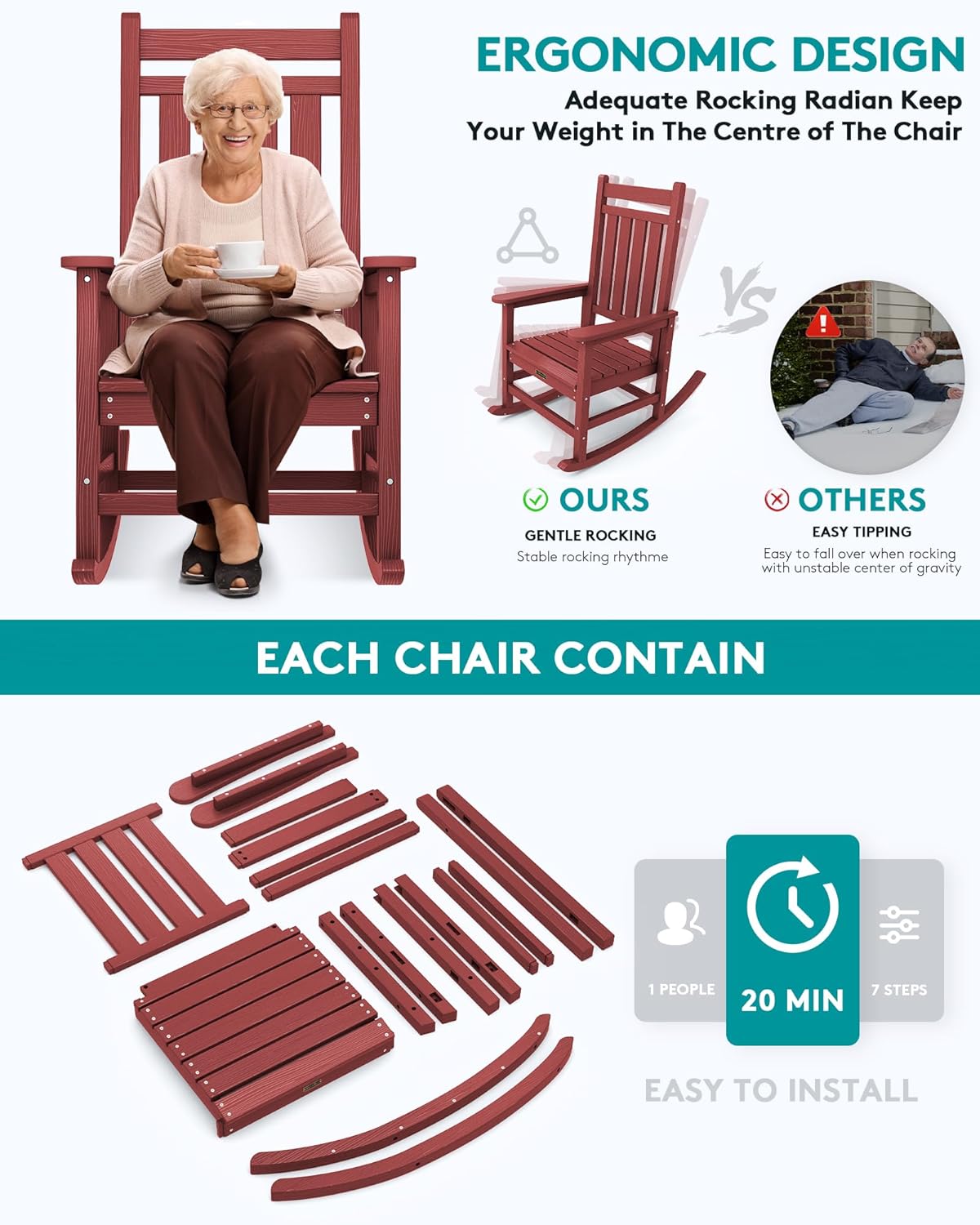 SERWALL Outdoor Rocking Chair Set of 2, HDPE Rocking Chairs for Adult, All Weather Porch Rockers for Lawn Garden, Crimson Red