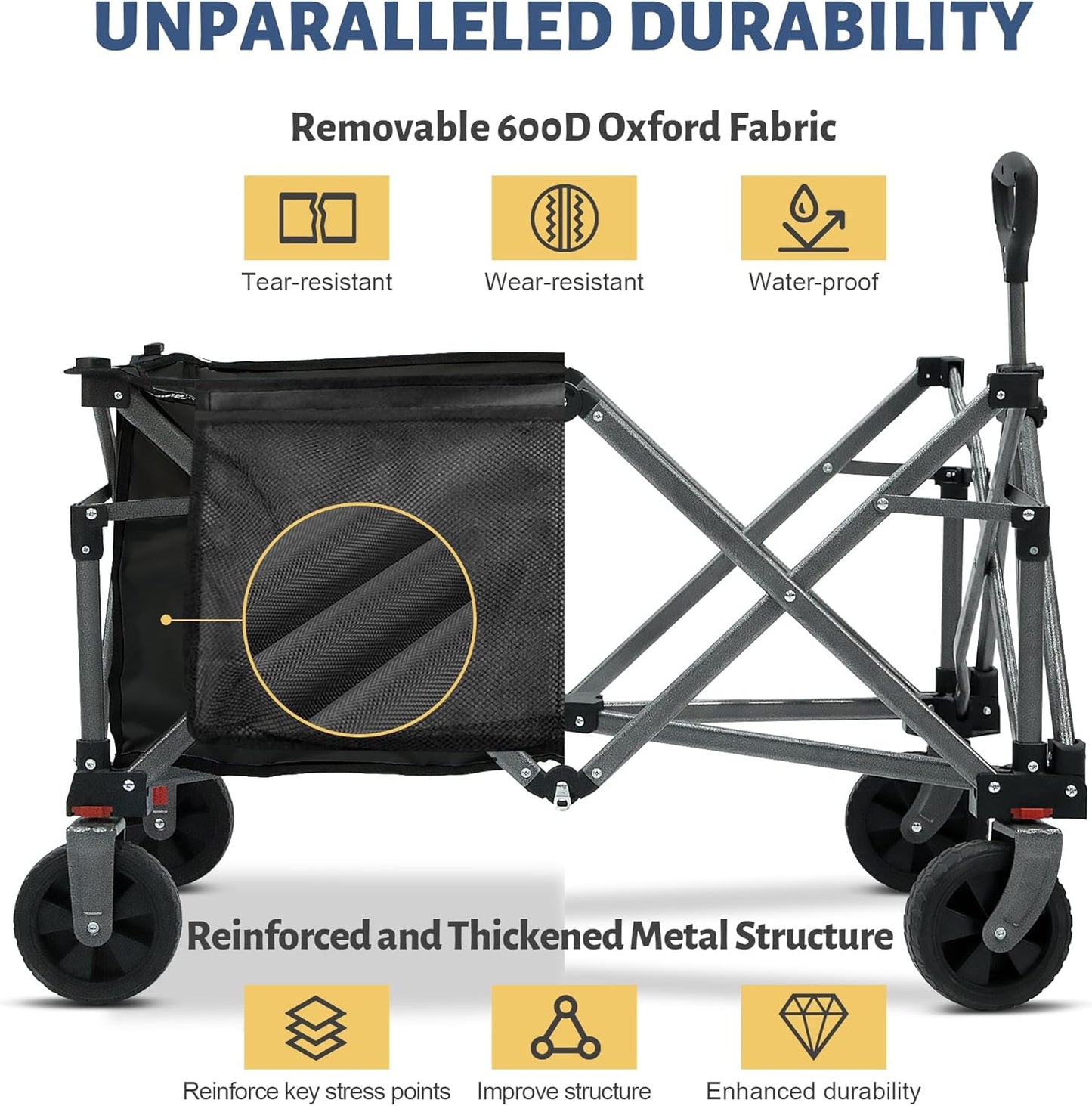 Collapsible Folding Wagon Cart, 220LBS Heavy Duty Foldable Utility Garden Cart with All Terrain Wheels & Side Storage Bag, Portable Sports Wagon for Camping, Shopping, Garden (Black)