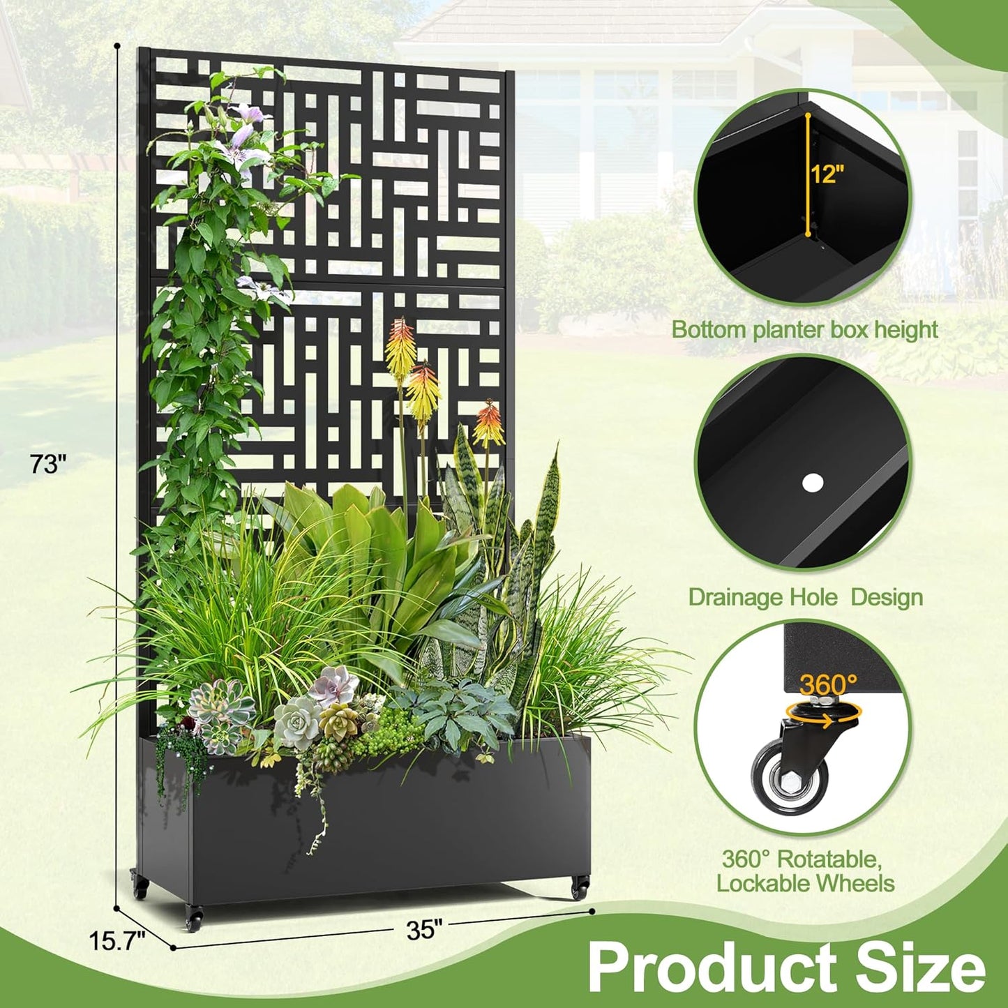 Raised Garden Bed with Trellis and Wheels,73"x35"x16" Metal Raised Garden Bed,Black Modern Metal Planter with Climbing Trellis for Vines & Vegetables