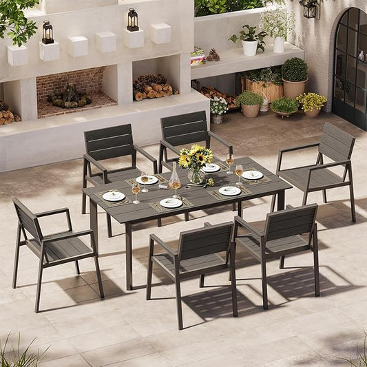 Outdoor Patio Dining Table Sets 7-Piece Aluminum and HDPS All-Weather Table and Chairs with Umbrella Hole, Patio Modern Furniture Sets for Garden, Backyard (Charcoal)