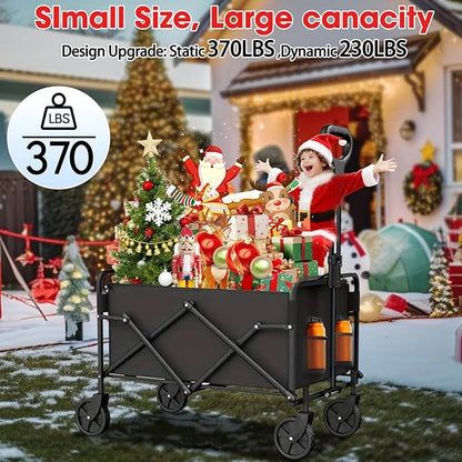Collapsible Wagon with Wheels, 370lbs Weight Capacity Foldable Beach Wagon with Flexible Handle Portable Utility Wagon Cart for Outdoor, Grocery, Garden, Camping