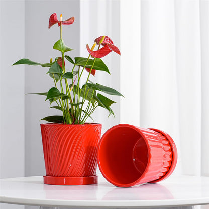 Ton Sin Plant Pots, 6 Inch Flower Pots for Plants,Ceramic Planter with Drainage Holes,Indoor Planter Pots with Saucer,Outdoor Garden Pots (Red, 4 Pack)