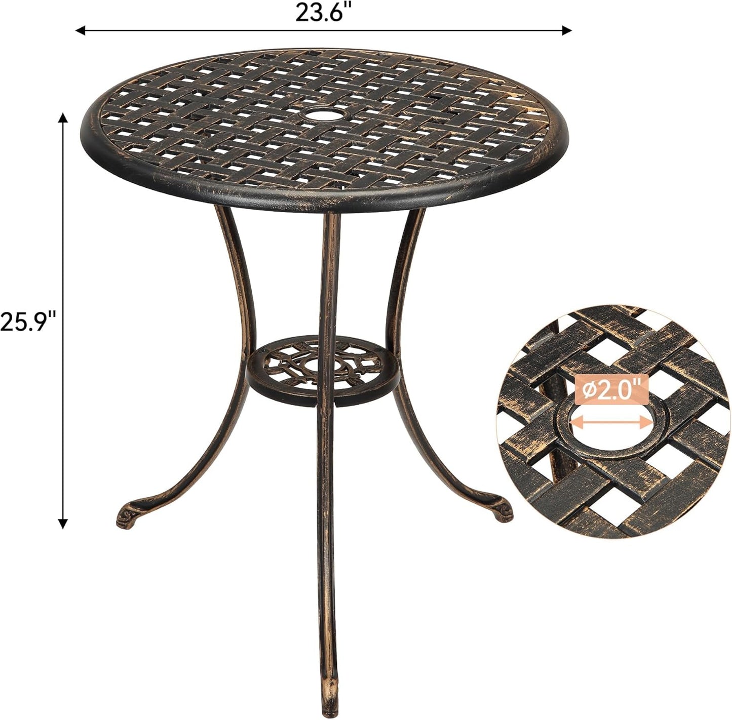 24" Outdoor Round Patio Bistro Table, Cast Aluminum Outdoor Cafe Table with 2 inch Umbrella Hole for Porch,Backyard,Garden, (Classic Square Pattern, Brown)