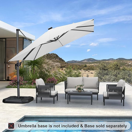 PURPLE LEAF 10 Feet Patio Umbrella Outdoor Cantilever Solar Powered LED Square Umbrella Aluminum Offset Umbrella with 360-degree Rotation for Garden Deck Pool Patio White