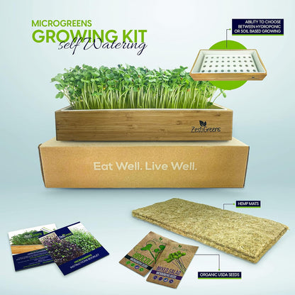 Self-Watering Microgreens Growing Kit – Easiest Way to Grow Fresh Microgreens at Home. Includes Reusable Tray, Organic Seeds, Grow Mats & Stylish Bamboo Frame – No Soil, No Mess (Salad & Broccoli)