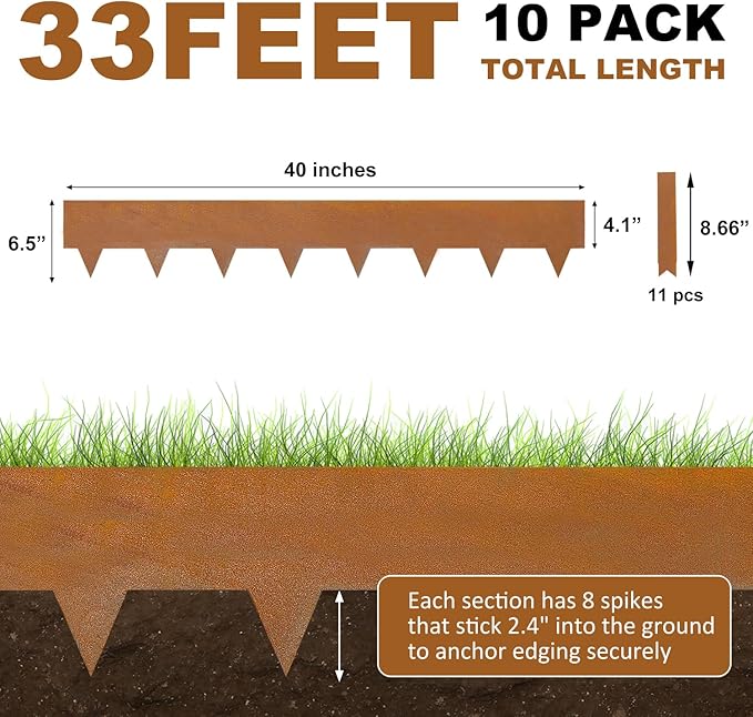 Hugeleaf 10 Pack 6.5 Inch Corten Steel Landscape Edging with 11 Pcs Metal Clips, Hammer-in Heavy Duty Metal Edging Pack of 10 (33 Feet Total Length) -Edge for Lawn Garden Yard, Above Ground 4.1 Inch