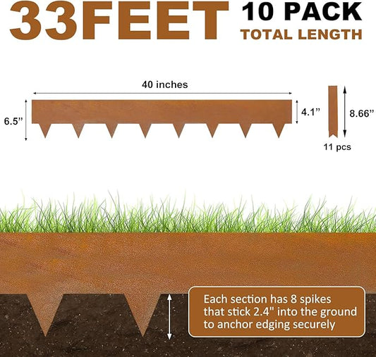 Hugeleaf 10 Pack 6.5 Inch Corten Steel Landscape Edging with 11 Pcs Metal Clips, Hammer-in Heavy Duty Metal Edging Pack of 10 (33 Feet Total Length) -Edge for Lawn Garden Yard, Above Ground 4.1 Inch