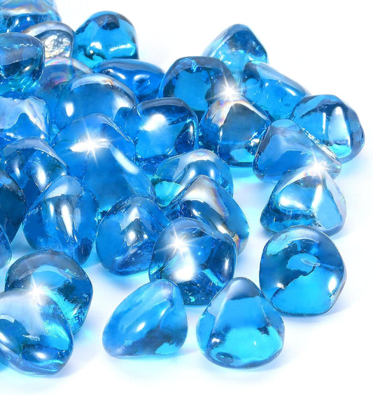 Caribbean Blue Firepit Glass Rocks 20 Pounds, 1 Inch Diamond Fire Stones for Propane Fire Pit, Fireplace and Outdoor Decorative, High Luster Glass Beads