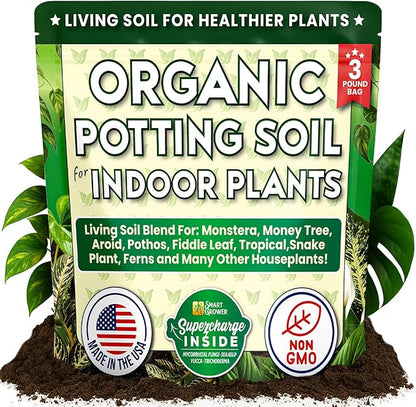 Organic Potting Soil for Indoor Plants. Boost House Plant Growth for Monstera, Fiddle Leaf, Money Tree, Pothos, Snake Plant, Aroid, Flowers, Herbs, Veggies, & More, Smart Grower 3 LB Ready to Plant