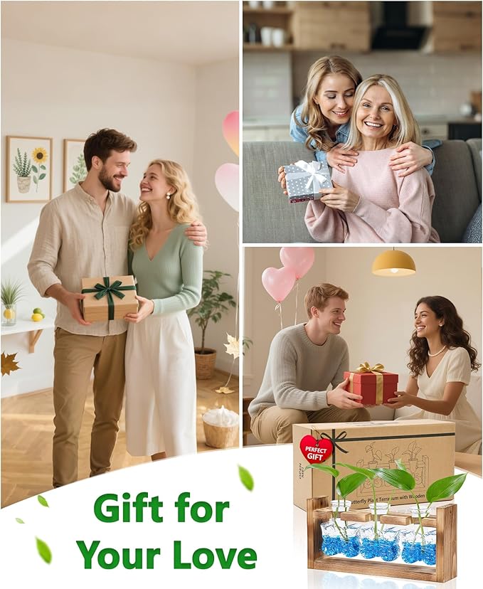 Nacome Butterfly Vase Propagation Stations: Glass Plant Terrarium with Wooden Stand for Home Office Desk Decor, Unique Gifts for Plant Lovers Women Mom