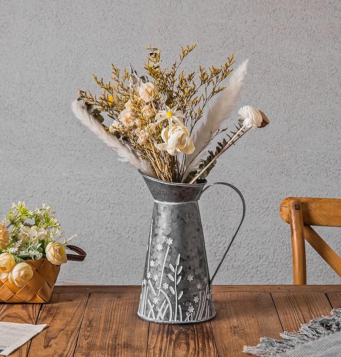 Vintage Galvanized Metal Pitcher Vase, Farmhouse Rustic Flower Vase with Handle, Decorative Floral Milk Jug Vase for Home Décor, 10.8’’H