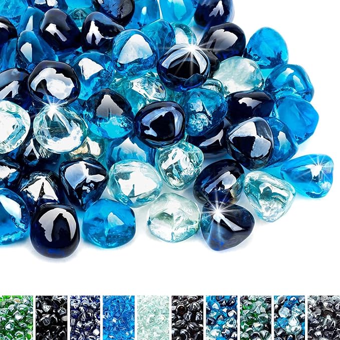 Skyflame 10-Pound Blended Fire Glass Diamonds for Fire Pit Fireplace Landscaping, 1/2 Inch Cobalt Blue, Crystal Ice, Caribbean Blue Luster