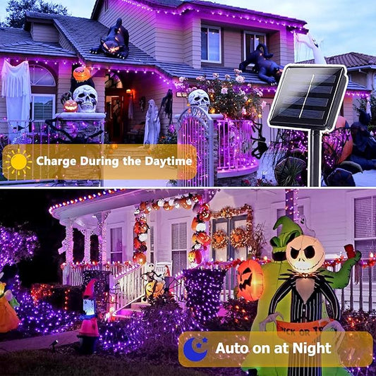 4 Pack Purple Solar Halloween Lights Outdoor Waterproof, 180FT 320 LED Solar String Lights with Green Wire 8 Modes Solar Fairy Twinkle Light for Tree Bush Garden Horror Party Halloween Decorations