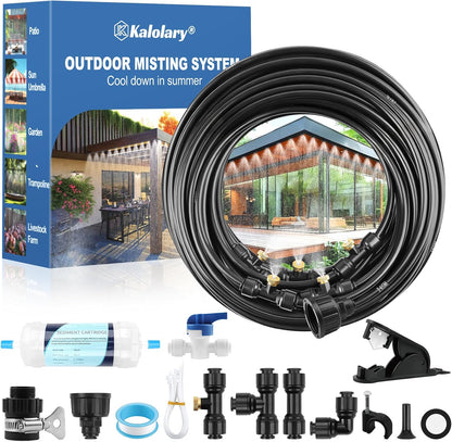 Kalolary 100Ft Misting Cooling System, Misters for Outside Patio with Water Filter, 100FT(30M) Misting Line, 30 Brass Mist Nozzles & 2 PE Adapters 3/4" Outdoor Mister for Backyard Garden Greenhouse