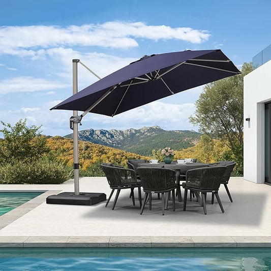 PURPLE LEAF 10' X 10' Patio Umbrella Outdoor Cantilever Umbrella, Aluminum Offset Umbrella with Champagne Frame and 360° Rotation for Pool Deck Garden, Navy Blue