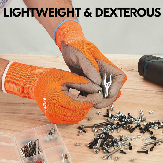 Vgo... 15-Pairs Safety Work Gloves, Gardening Gloves, Polyurethane Coated, Dipping Gloves, Latex Free (Size M,Orange, PU2103)