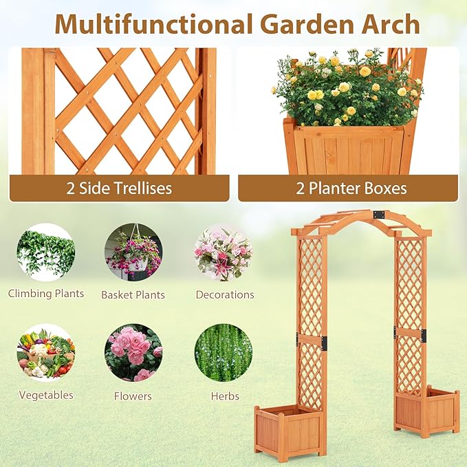 Giantex Garden Arbor with Planter Boxes, Wooden Arch with Trellis and Raised Garden Bed for Climbing Vine Plants Vegetables Herbs, Decorative Arbor Archway for Wedding, Ceremony, Party (Orange)