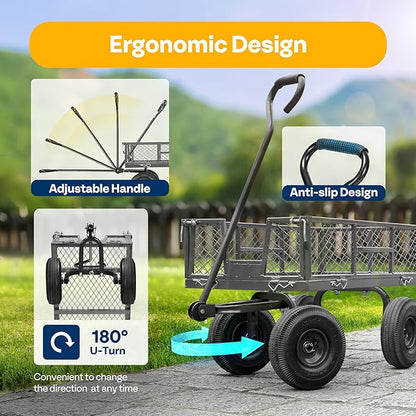 VIVOHOME Heavy Duty 880 Lbs Capacity Mesh Steel Garden Cart Folding Utility Wagon with Removable Sides and 4.10/3.50-4" Wheels 10 inch Tire (Grey)