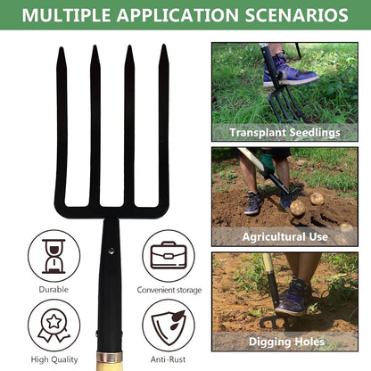 Garden Fork, 4-Tine Spading Digging Fork, Pitch Fork-45Inch, Forged Steel Y-Grip, Wood Handel
