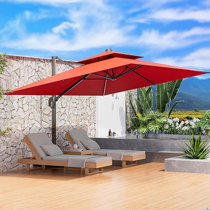 9' X 12' Cantilever Outdoor Patio Umbrellas Double Top Large Rectangle Umbrella Heavy Duty 360°Rotation Offset Umbrella for Garden Deck Pool Patio,Red