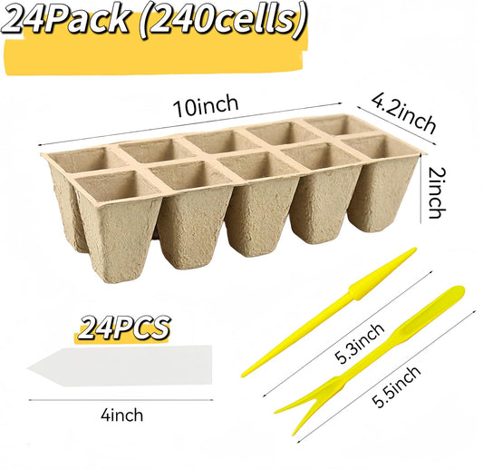 240 Cells Peat Pots Seed Starter Tray 24 Packs Biodegradable Seedling Pots Germination Trays Peat Pot for Seedling Organic Seed Starting Trays kit with 24 Labels 2 Transplant Tools
