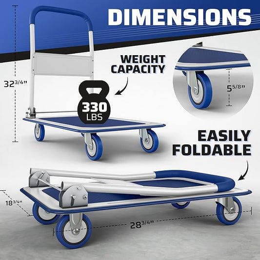 Heavy Duty Foldable Push Cart Dolly | 330 lbs. Capacity | Upgraded Collapsible Hand Truck Folding Platform with Swivel Wheels | Flat Bed Moving Wagon | Space Saving Push Handle (Blue)