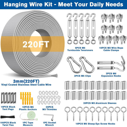 220FT 1/8" Wire Rope Kit - 304 Stainless Steel Cable with Turnbuckles for Cables Wire, Vinyl Coated Hanging Wire for Outdoor String Lights, Camping, Garden Trellis, Hanging Clothes, Pictures, Curtain
