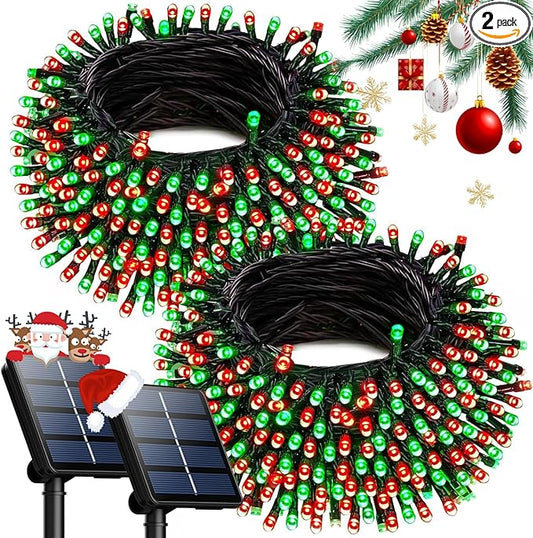 OZS 2PK 240LED Solar String Lights Outdoor Waterproof | Solar Christmas Tree Lights with 8 Lighting Modes Solar Light Outdoor for Xmas Party Garden Tree Christmas Decorations (Red&Green)