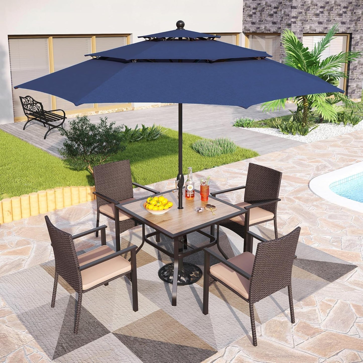 PHI VILLA 37" x 37" Patio Dining Table Outdoor Dining Furniture Umbrella Table with 1.57" Umbrella Hole, Steel Frame with Premium PVC Table Top for Patio, Lawn Garden