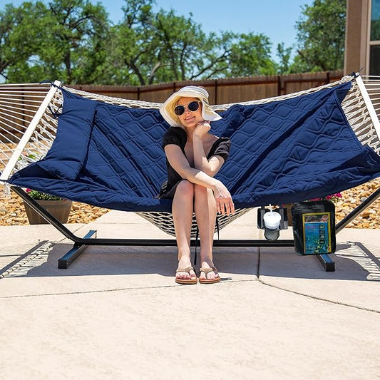 SUNCREAT Two Person Hammock with Stand, Heavy Duty Backyard Hammock and Stand, Navy Drops