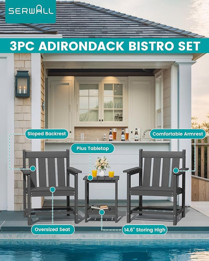 SERWALL 3 Pieces Patio Bistro Set, All Weather Adirondack Chair Set with Side Table, HDPE Material Outdoor Patio Furniture Set for Balcony, Porch, Garden, Backyard- Gray