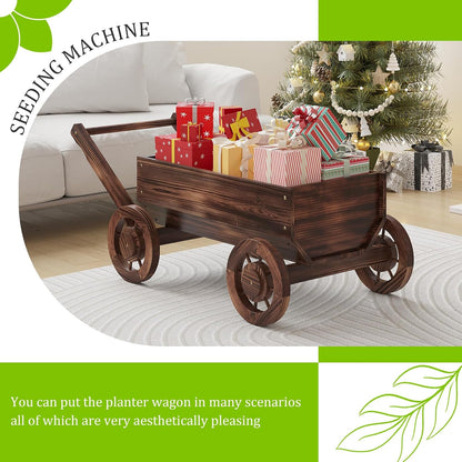 Wooden Flower Cart with Wheels Wooden Wagon Planter Outdoor Garden Planter Decor Planter for Patio Balcony Trolley Decoration Succulent Flower Pot, Indoor Backyard Balcon Decor.（L）