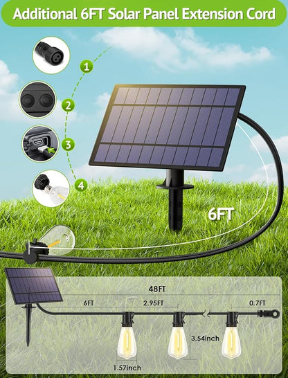 48FT Solar String Lights Outdoor with Remote, Waterproof Dimmable Patio Lights with 15+1 LED ST38 Bulbs 3 Modes Hanging Lighting for Backyard