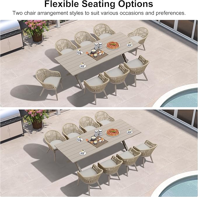 PURPLE LEAF 9 Piece Longer Patio Dining Set with Outdoor Aluminium Dining Table and Woven Chairs Modern Metal Furniture Cushions Sets for Garden Yard Indoor Decor Kitchen Champagne