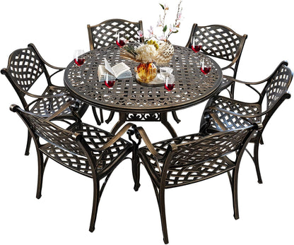 48 Inch Outdoor Dining Table Round Patio Table Powder-Coated Cast Aluminum Frame for Garden with Umbrella Hole (Bronze)