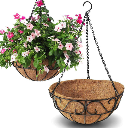 2 Pack Metal Hanging Planter Basket with Coco Coir Liner Chain Round for Garden Decoration Porch Indoor Outdoor (S Shape)