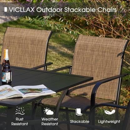 VICLLAX Patio Dining Set for 8, 9 Pieces Outdoor Furniture Set Includes 56.3" Round Patio Table and 8 Patio Stackable Chairs, Outdoor Table and Chairs for Outsides, Black Tabletop and Brown Fabric