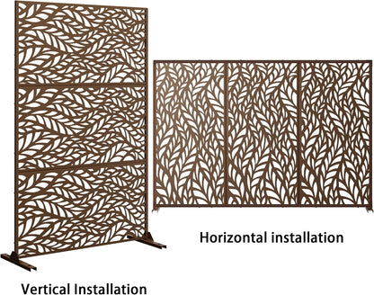 Metal Privacy Screen Outdoor 72" H×47" W,Freestanding Decorative Privacy Screen for Balcony Yard&Garden,Privacy Fence-Brown&Leaf