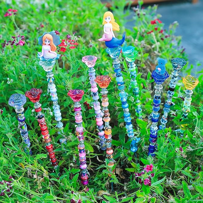 AIPRIDY 238 Pcs DIY Fairy Wand Garden Stakes Kit,Multiple Color Scheme European Beads Crystal Diamond Tops and 12 or 10 Inch Threaded Rods,Stainless Steel Stakes with Diamond Toppe (Rose Flower)