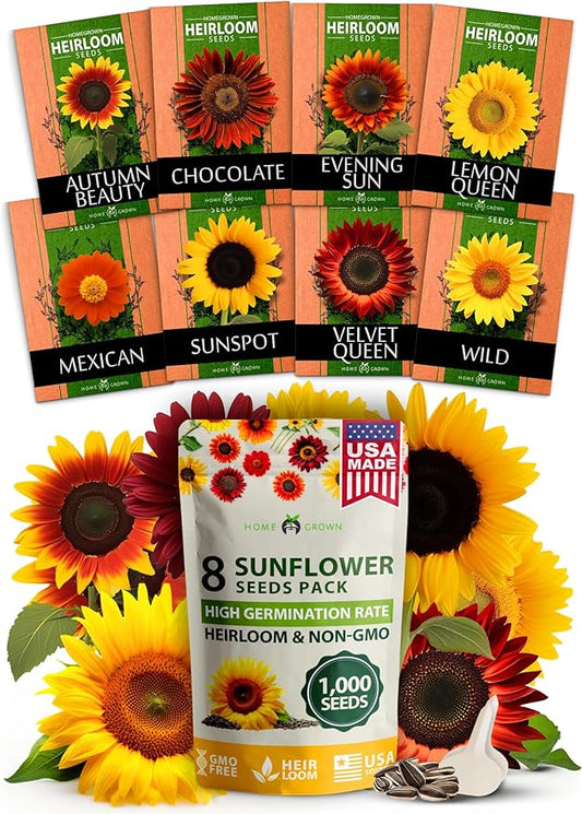 Home Grown Sunflower Seeds for Planting | 8 Varieties |1000+ Non-GMO Sun Flower Seeds Packets to Plant: Grow Dwarf Sunflowers, Mexican Sunflowers, Wild, Lemon Queen,Autumn Beauty,Sunspot, Velvet Queen